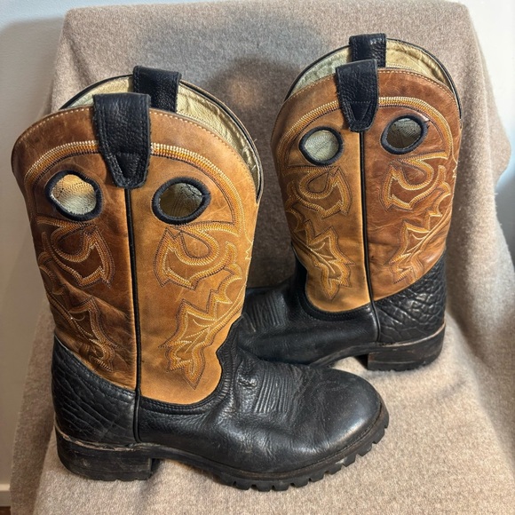 BOULET Sz 7.5 EEE Black and Tan Western Boots Distressed Rounded Toe Leather - Picture 5 of 9